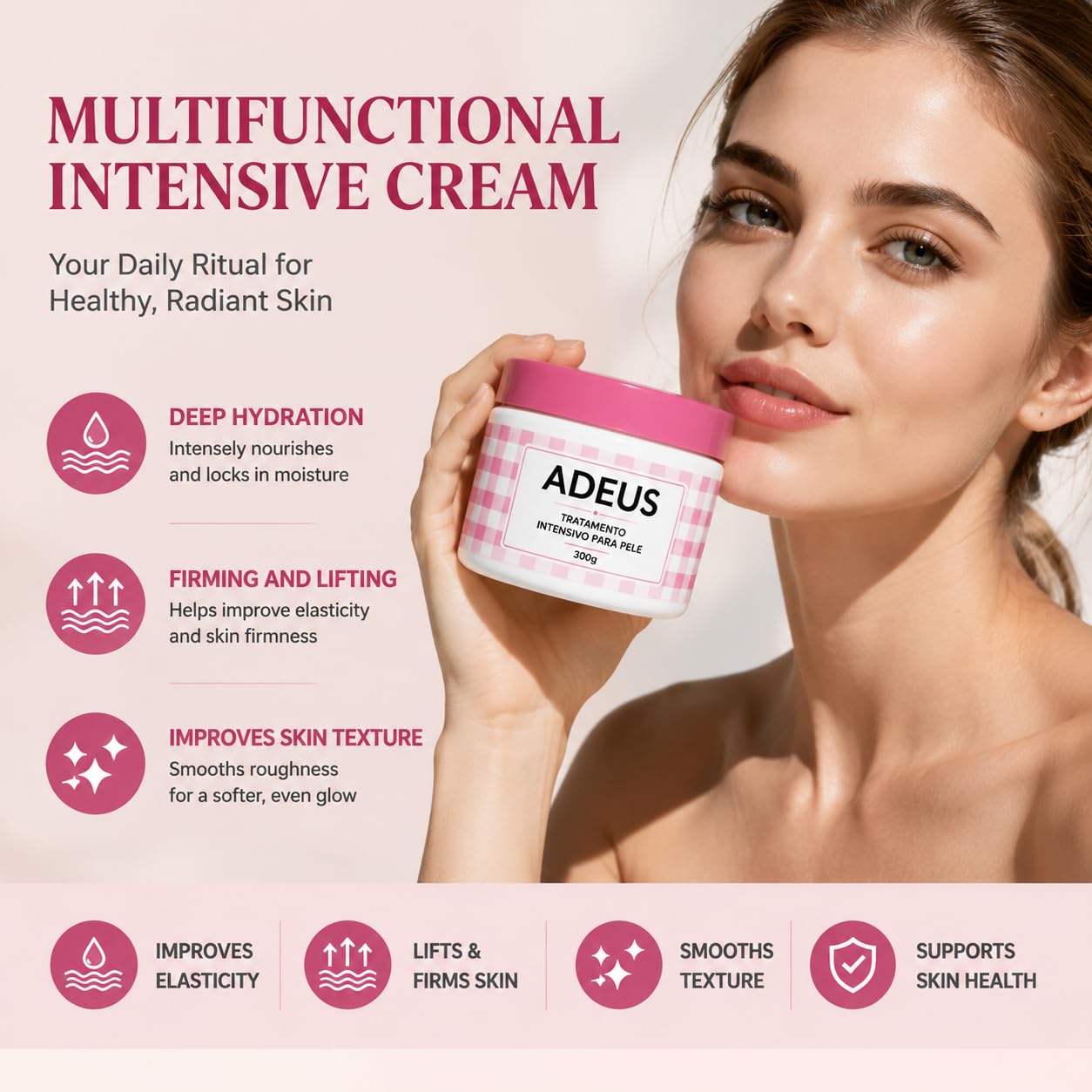ADEUS Crema Brasileña, Cream Rosada, Multifunctional Pink Intensive Cream, Deeply Moisturizing and Firming Creams with Centella Asiatica, Seaweed and Green Tea (1)