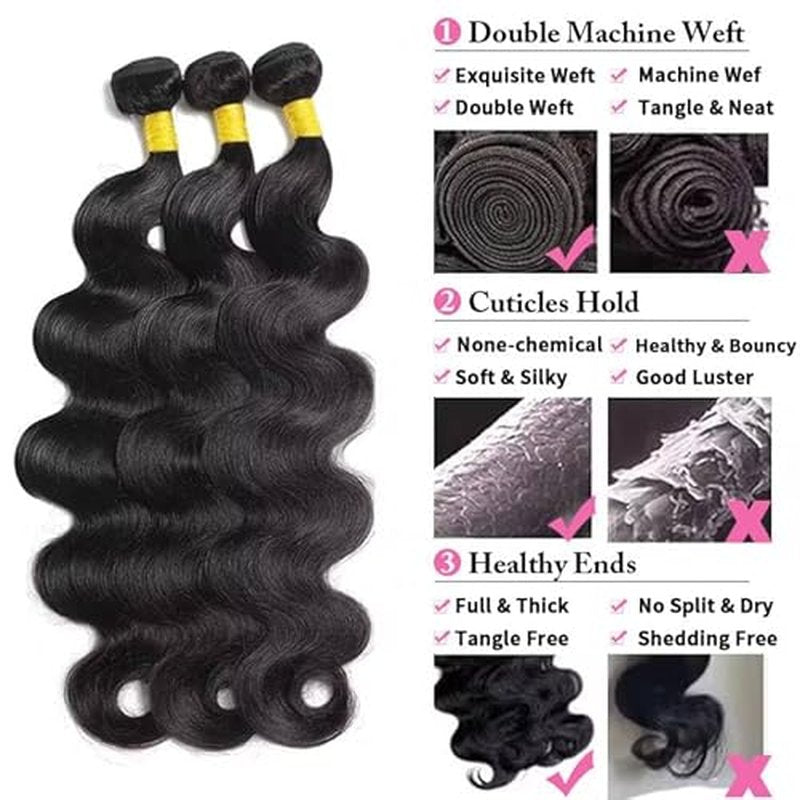 12A Human Hair Bundles 24 24 24 Inch Body Wave Bundle 100% Unprocessed Brazilian Virgin 3 Bundle Human Hair Double Weft Weave Bundle Body Wave Natural Black