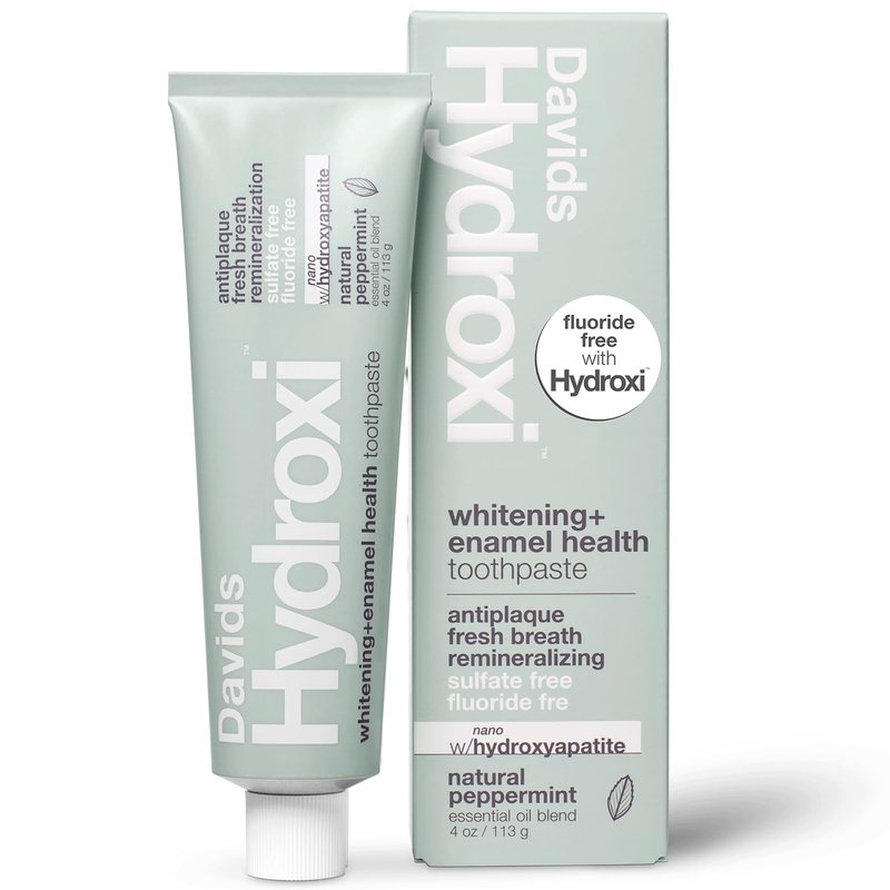 Davids Hydroxi Fluoride Free Nano Hydroxyapatite Whitening + Enamel Health Toothpaste, Antiplaque, Fresh Breath, Remineralizing, SLS Free, Natural Peppermint, 4 oz, Made in USA