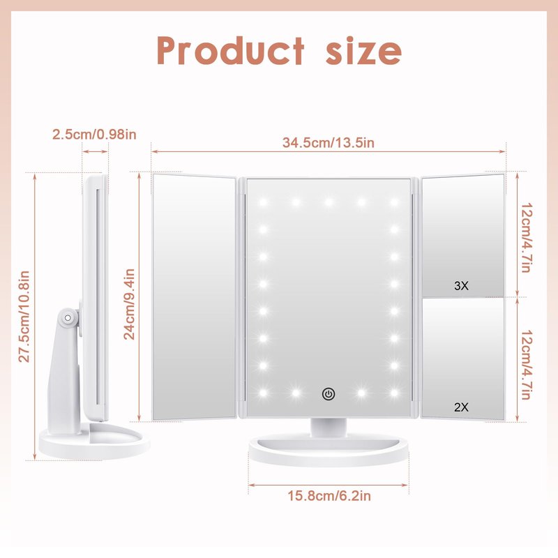 WEILY Makeup Vanity Mirror with 21 LED Lights and Touch Screen, Tri-Fold 1x 2X 3X Magnification,180° Adjustable Rotationand USB Powered,Countertop Cosmetic Makeup Mirror (White)