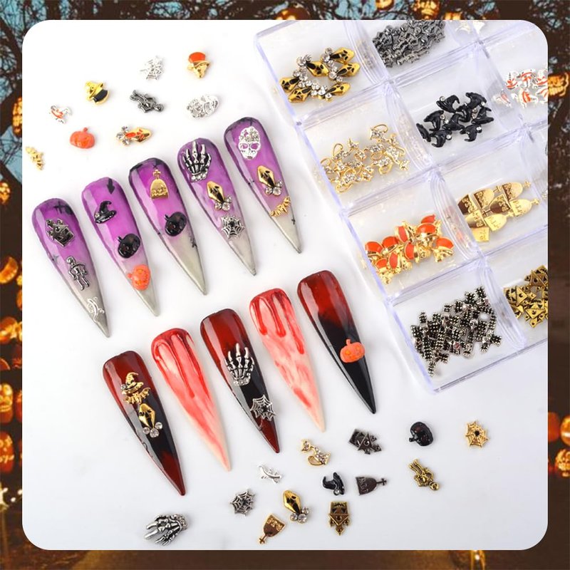 BAIYIYI Halloween Nail Charms - 24 Styles/Box Metallic Nail Studs & Rhinestones DIY Decorations