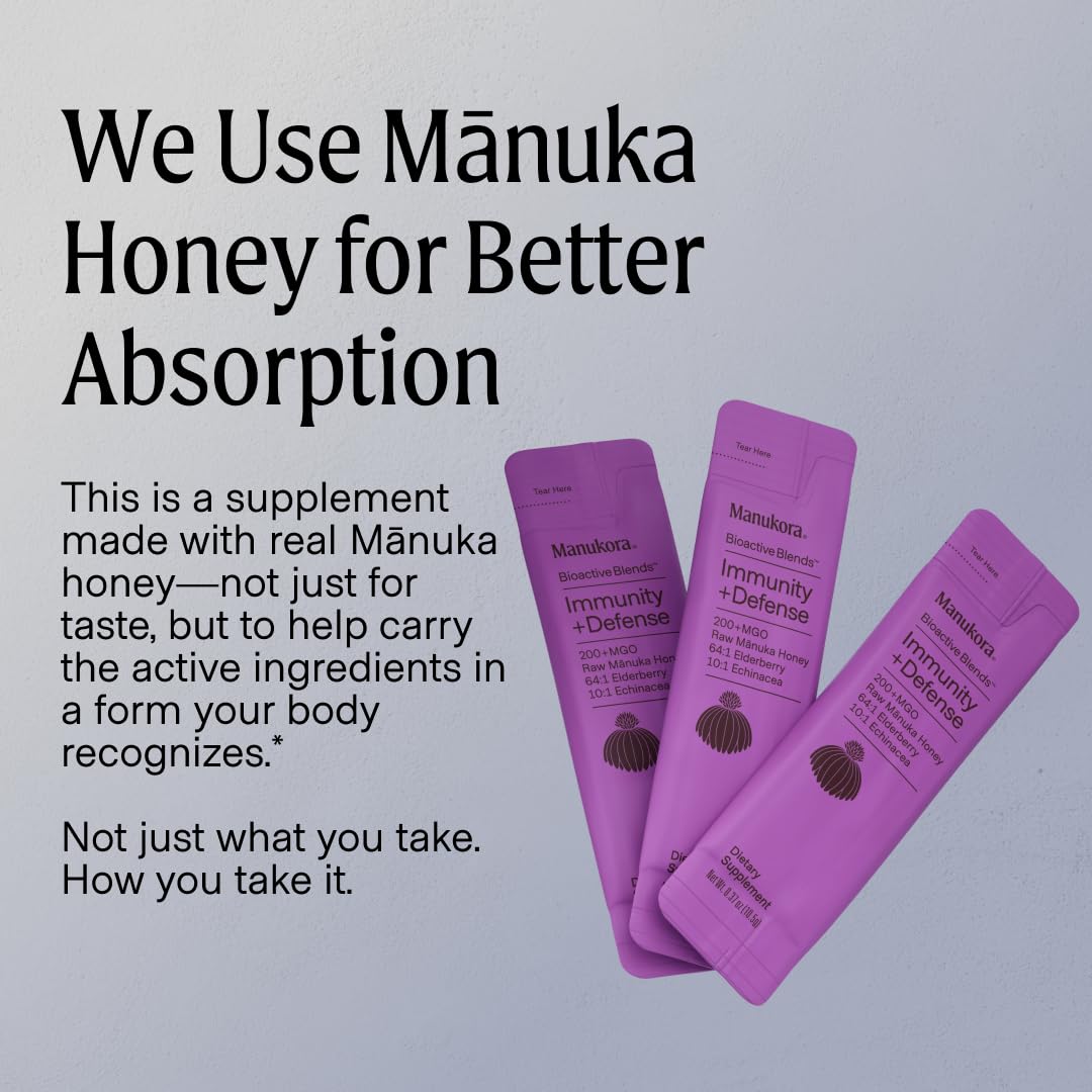 Manukora Immunity Blend Supplement, Elderberry & Echinacea with Manuka Honey, Supports Immune Defense, Throat Comfort & Improved Absorption, Adults & Kids, 3rd-Party Tested, Non-GMO, 10 Packets