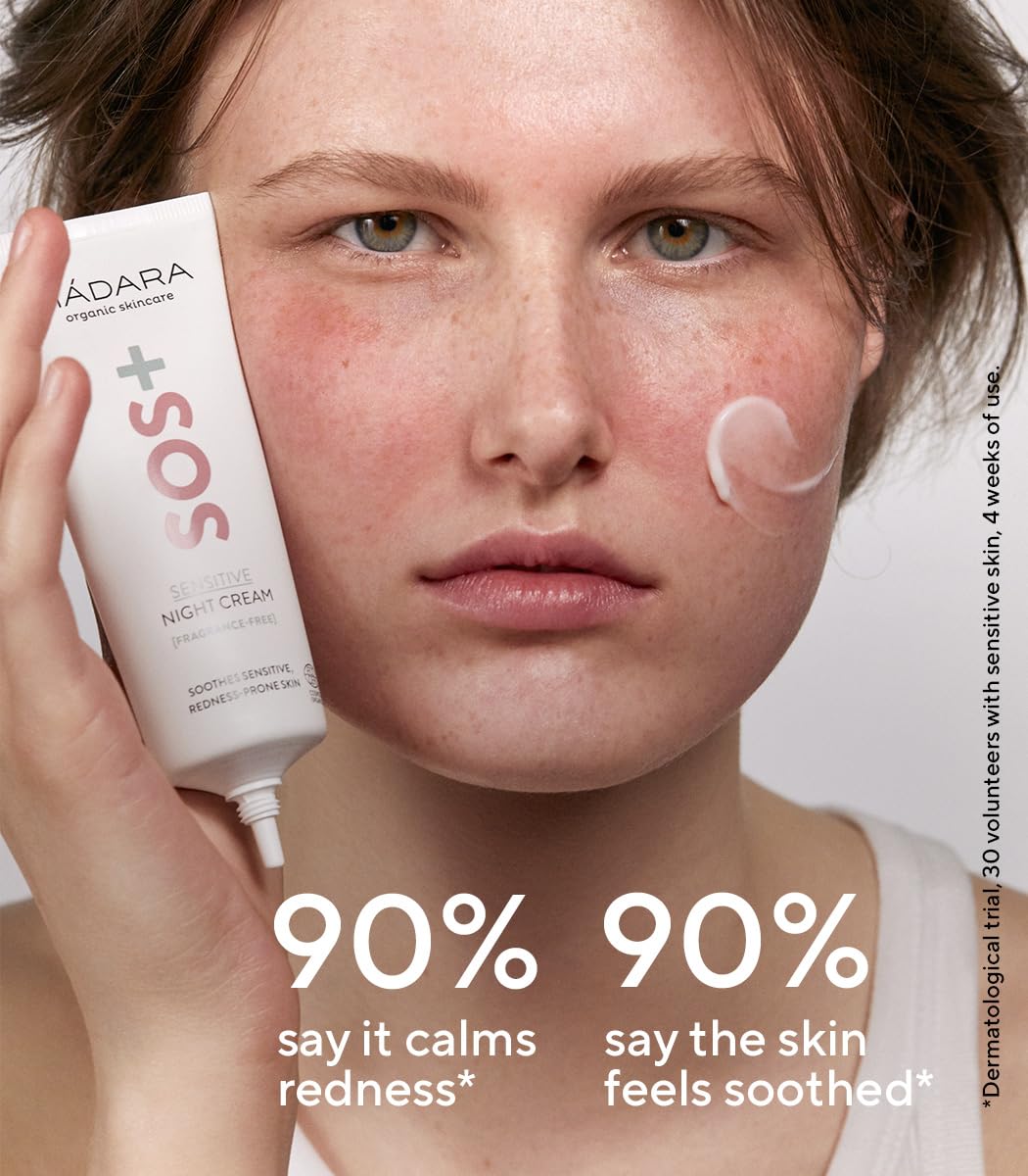 Madara Organic Skincare | SOS+ Sensitive Night Cream - Calming Moisture for Redness-Prone Skin, Fragrance-Free