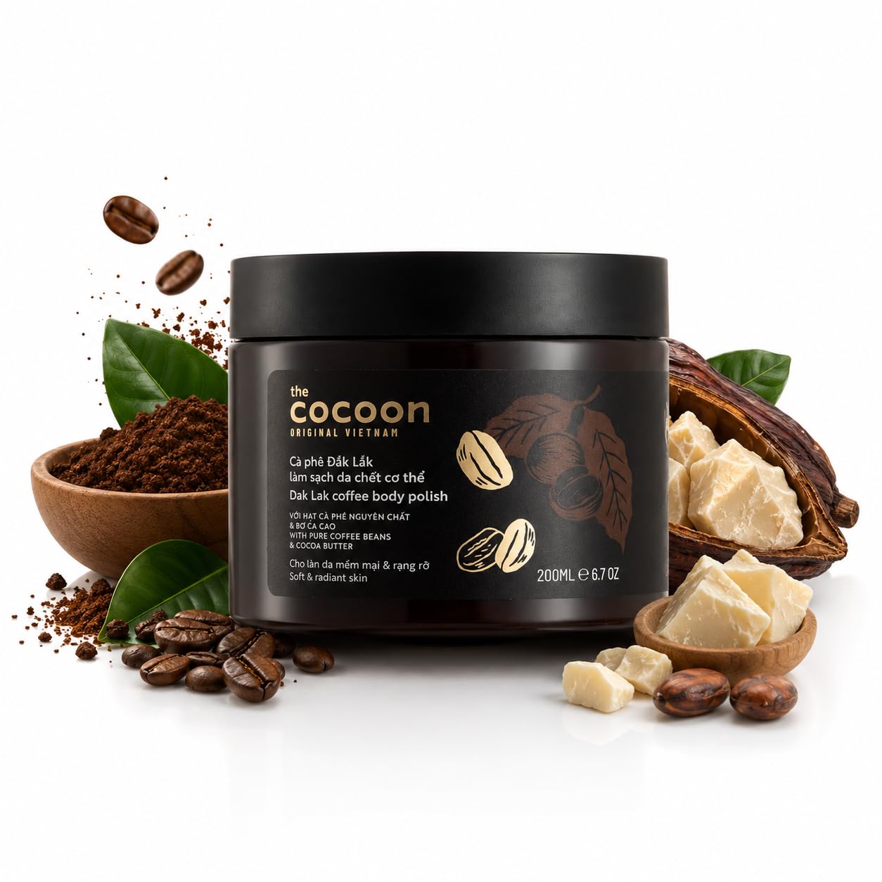 Cocoon Dak Lak Coffee Body Scrub with Coconut & Shea Butter, Exfoliating Dead Skin Remover for Sensitive Skin, Fragrance Free