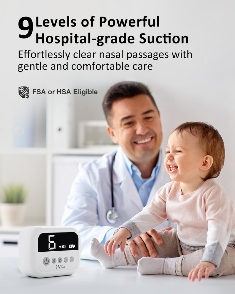 HEYVALUE Nasal Aspirator for Baby, Hospital Grade Nose Sucker with 9 Levels Suction, Night Light and Nursery Rhyme Soothing Function, Electric Nose Suction for Baby with Food-Grade Silicone Tips