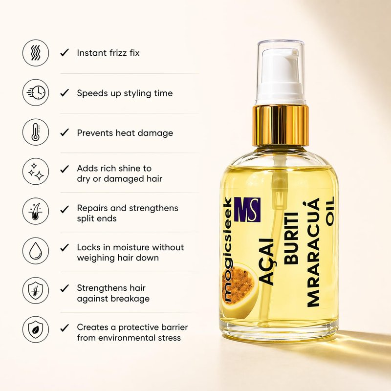 Magic Sleek Acai Oil 60 ml | Hair Serum | Maracuja & Buriti Oil | Hydrating & Nourishing | Frizz Control | Smooths, Softens & Shines | Repairs Damaged Hair | All Hair Types