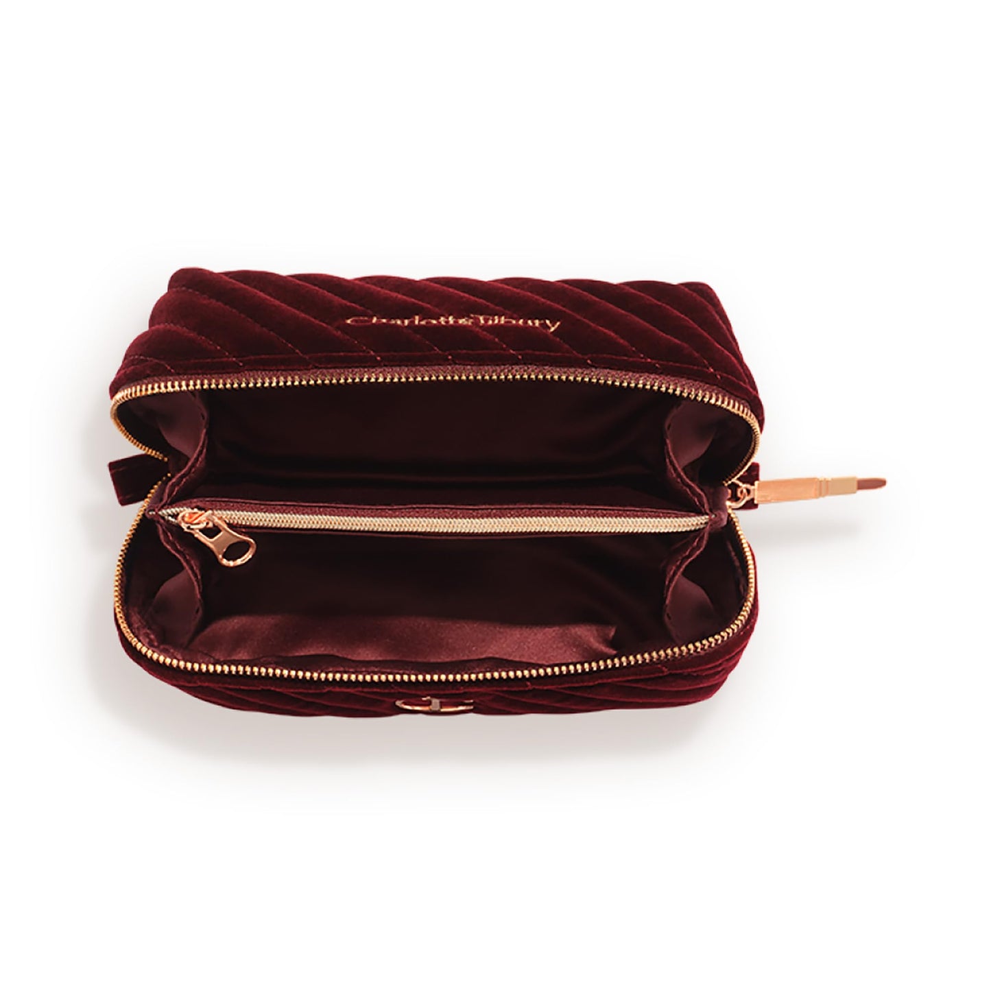 Charlotte Tilbury Mini Travel Makeup Bag of My Dreams - Quilted Velvet Skincare, Fragrance & Cosmetic Organizer with 2 Compartments & Zip Pocket - Iconic Night Crimson Toiletry Bag