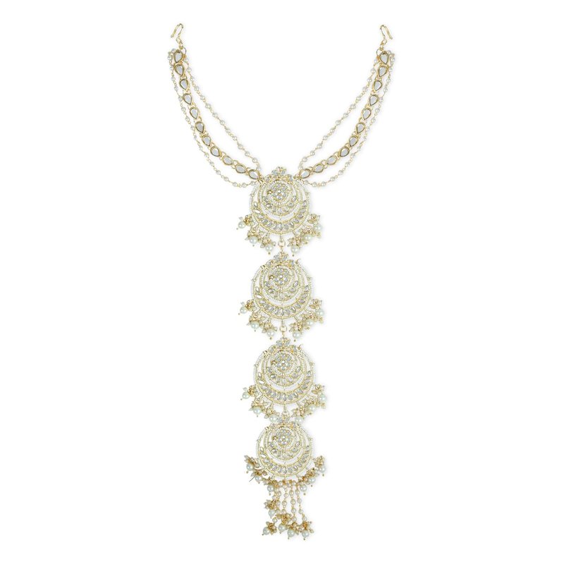 I Jewels Gold-Plated Metal Indian Wedding Bollywood Floral Kundan Pearl Studded Beaded Head Chain/Paranda (T2096W)