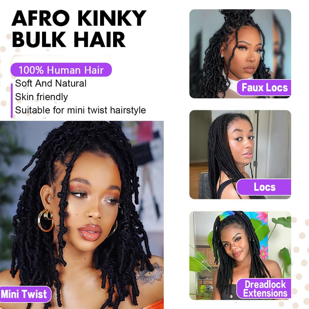 Afro Kinkys Bulk Human Hair for Dreadlocks Extensions and Locs Repair 1 Pack 50 Gram Afro Kinky Curly Human Hair Bulk for Twist（Black 16 Inch）