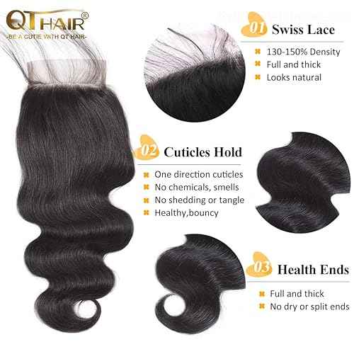 QTHAIR 16A 5x5 Body Wave HD Closure Human Hair Transparent Lace Closure 14inch Top Swiss Lace Closure Brazilian Virgin Hair Body Wave 150% Density Pre Plucked Natural Hairline Baby Hair