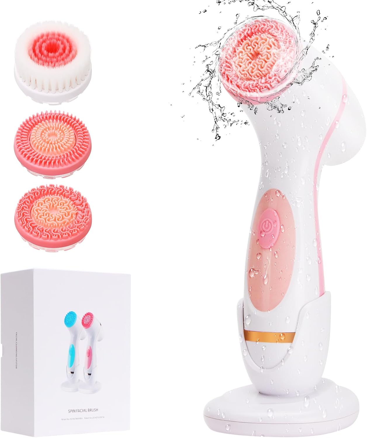 Electric Facial Cleansing Brush - 3-in-1 Waterproof Scrubber with 3 Brush Heads for All Skin Types | Rechargeable Pink