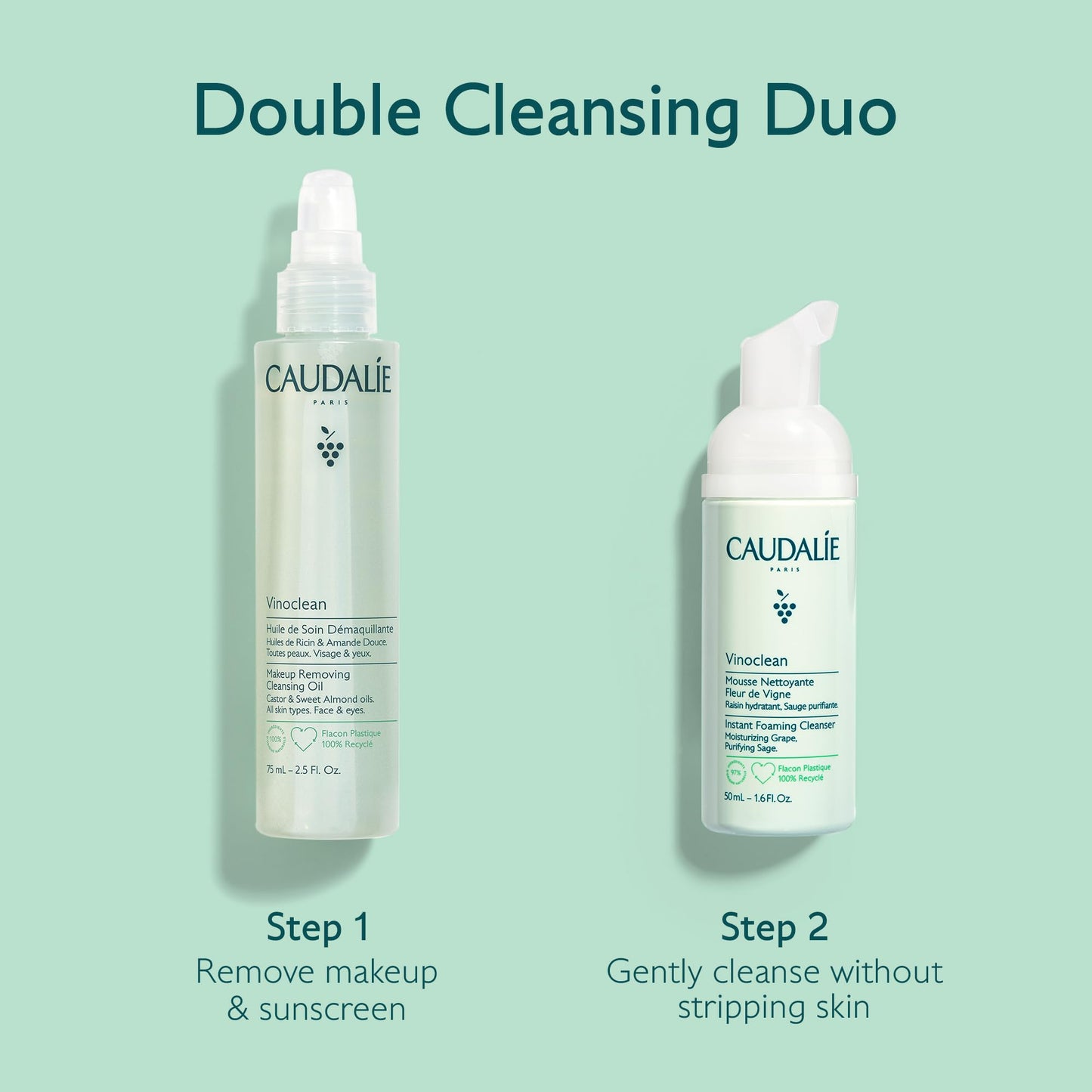 Caudalie Vinoclean Skin Care Gift Set, Makeup Removing Cleansing Oil 75 mL and Instant Foaming Cleanser 50 mL Double Cleansing Duo