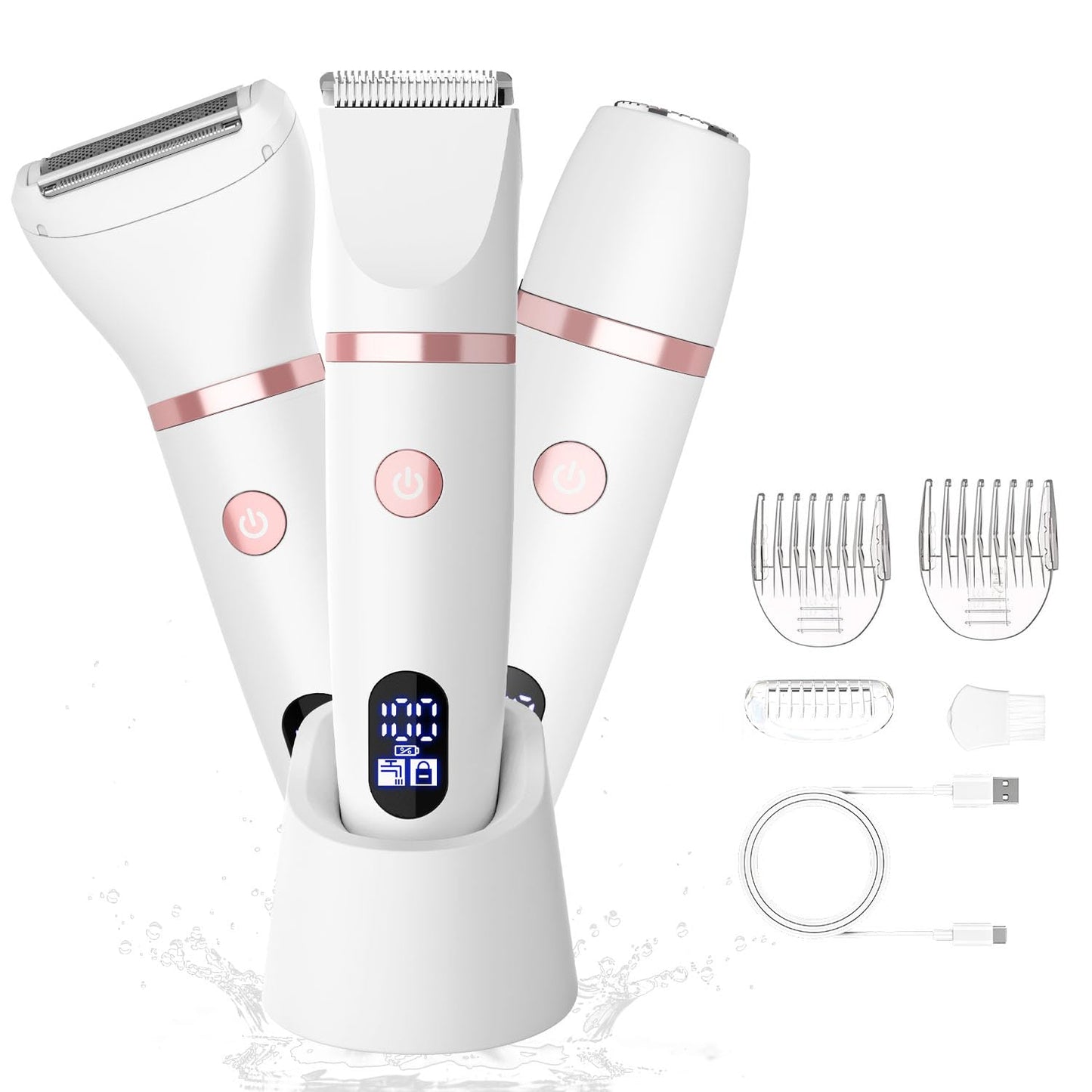 Zivelier 3-in-1 Electric Razor IPX7 Waterproof Bikini Trimmer Wet & Dry Use Painless Personal Trimmer Groomer for Ladies Face Body Legs Bikini Public Hairs Electric Lady Shaver with Replaceable Heads