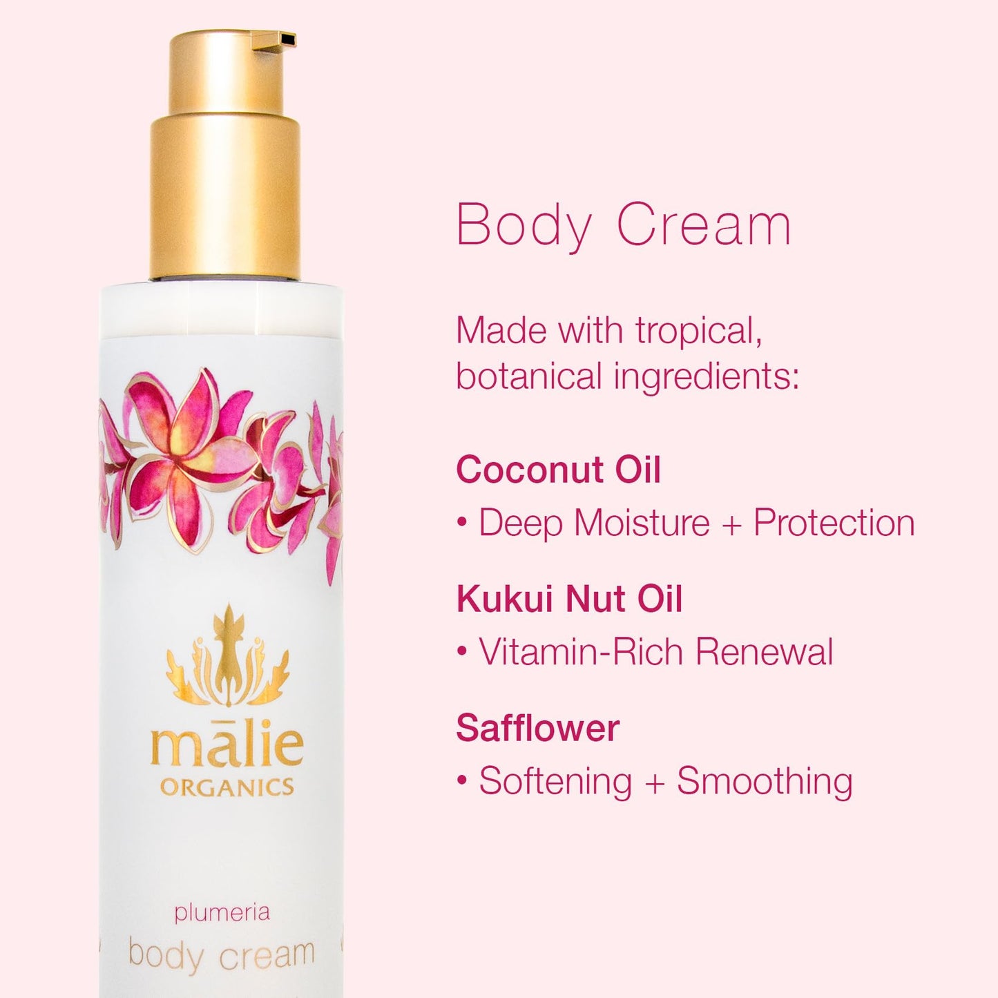 Mālie Organics Body Cream, Plumeria Scent, Deep Hydration, Coconut Oil + Kukui Nut Oil + Aloe + Chamomile, Vegan, 7.5 oz