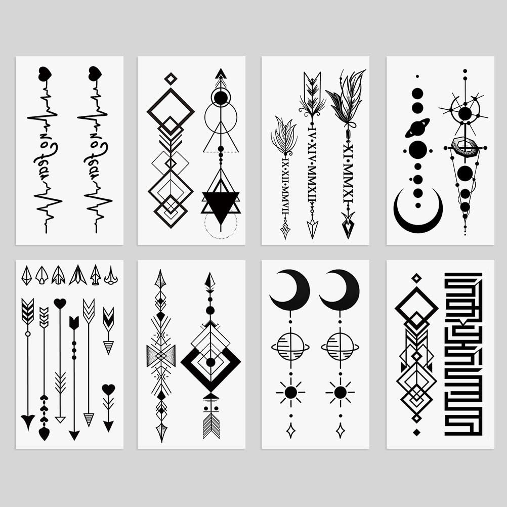 Oottati 8 Sheets Geometric Temporary Tattoos for Adults Men Women, Tribal Arrow Feather Moon Fake Tattoo Stickers, Waterproof Long Lasting Body Art for Arm Wrist