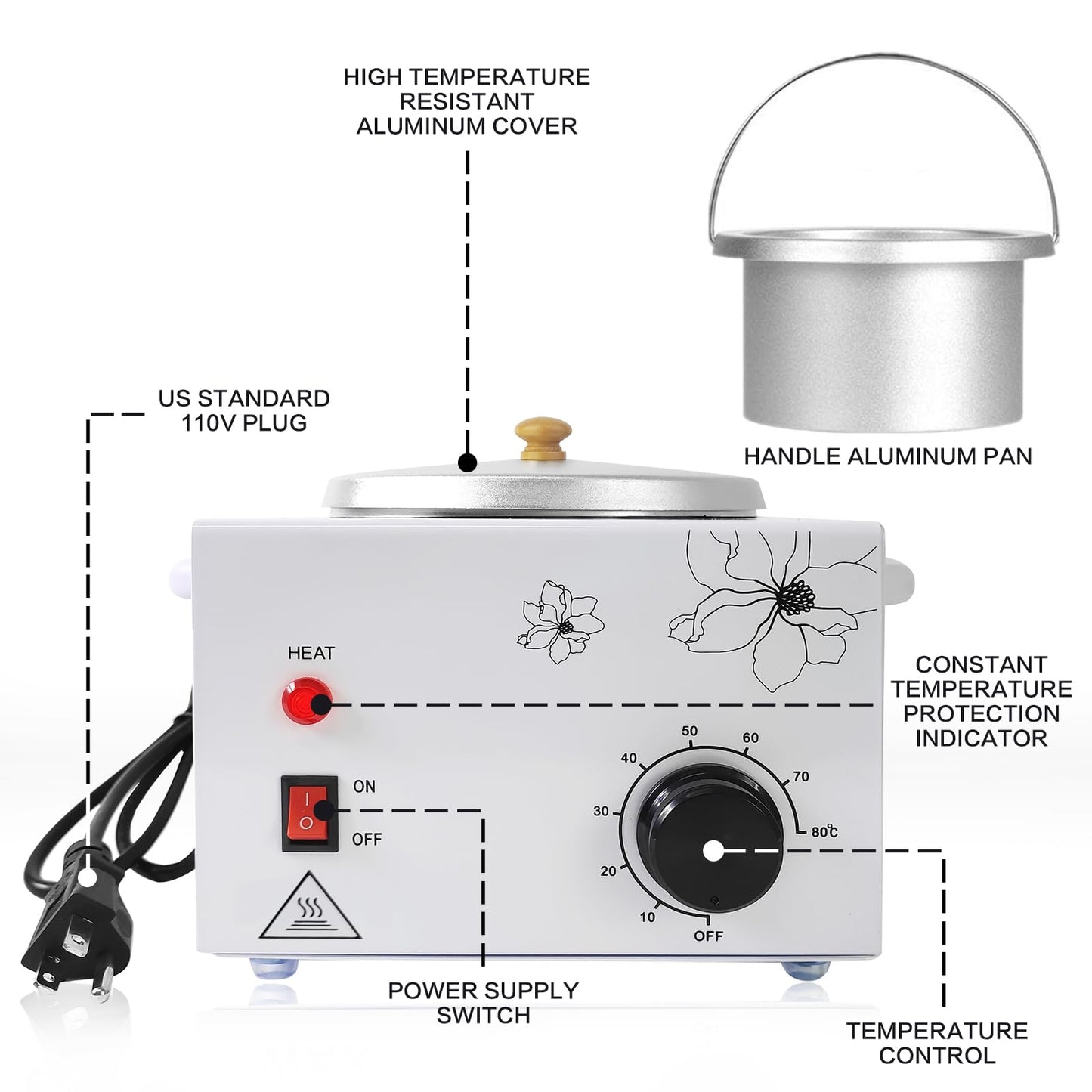 Portable Wax Warmer Machine for Painless Hair Removal, Women Men Professional Wax Heater with Adjustable Temperature Set, 20pcs Sticks (White - Single Pot)