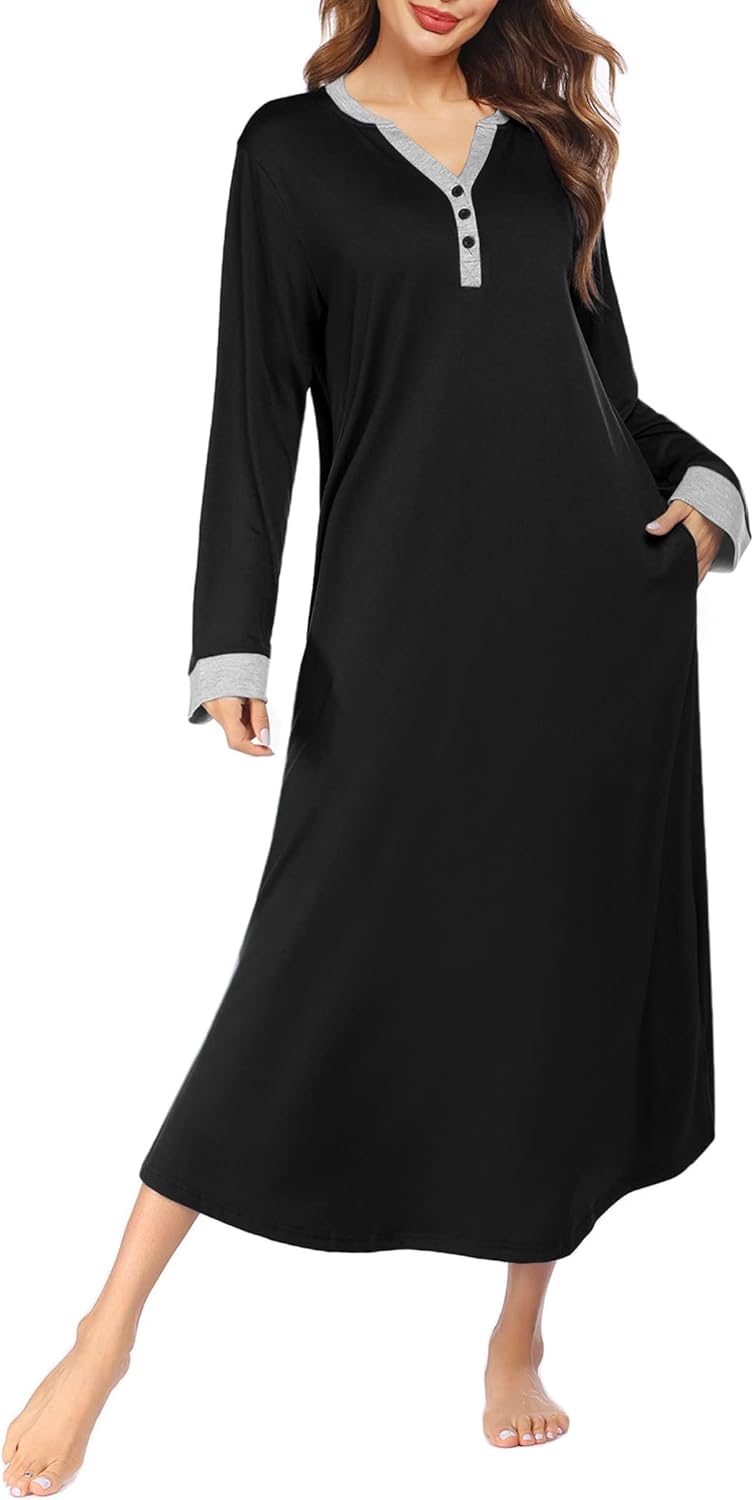 Ekouaer Women's V Neck Nightgown - Long Loungewear Sleepshirt with Pockets | Full Length Sleepwear