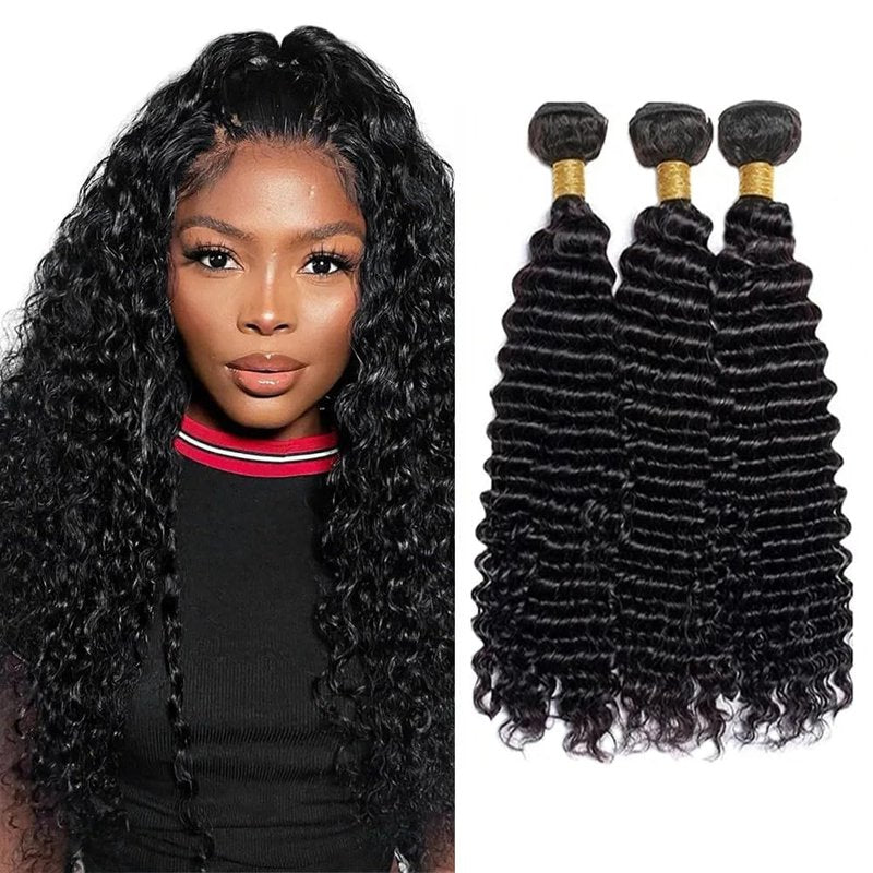 Loose Deep Wave Human Hair Bundles Natural Black Color Deep Wave Bundles Human Hair 12 14 16 Inch Double Weft Brazilian Virgin Remy Hair Extensions Loose Wave Bundle 300G