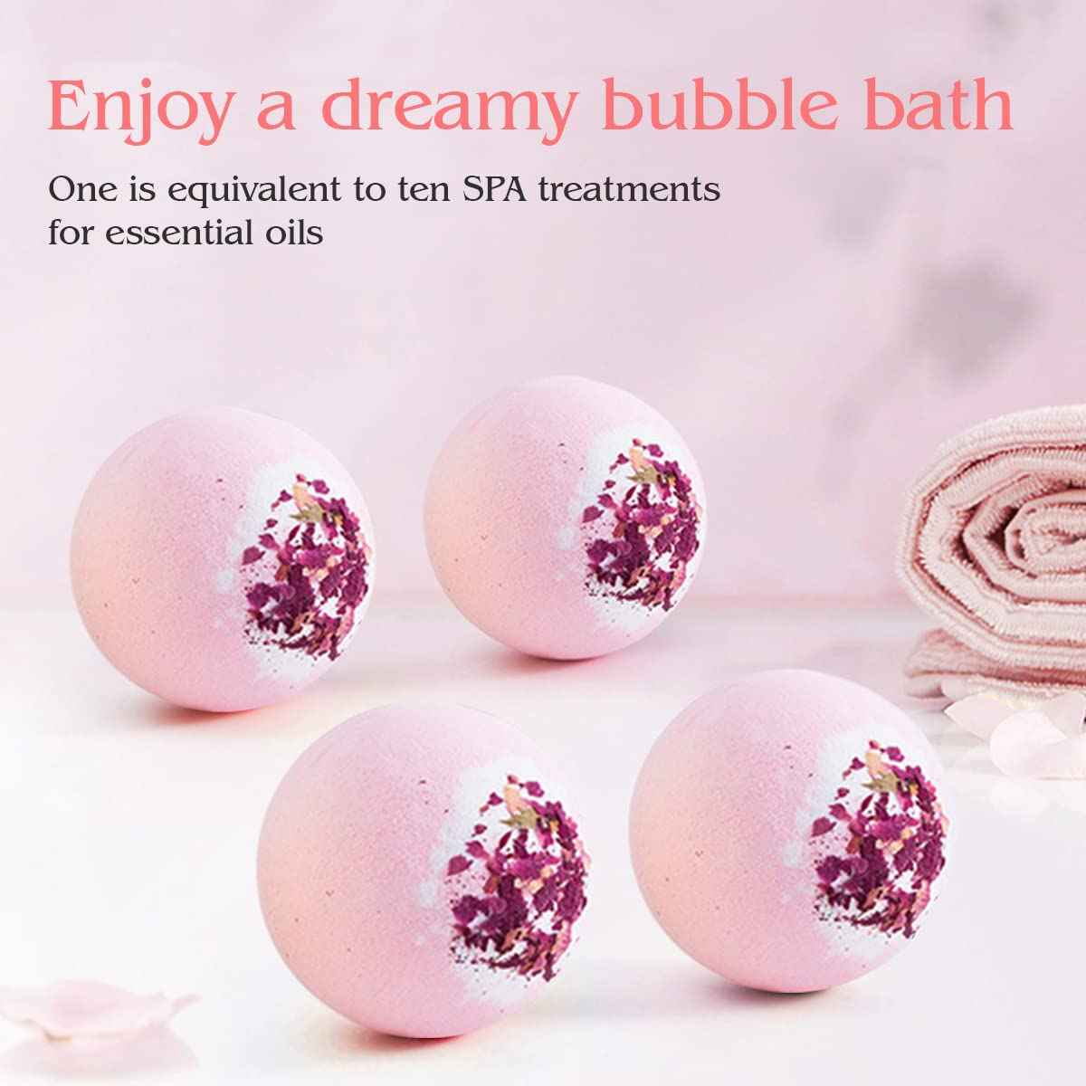 KASTU Dried Flower Bath Bombs Salt Balls,4-Pack Gift Set,Rose Extract Essential Oils,Moisturizing Dry Skin,Fizzy Spa,Relaxation,Self Care,Relaxing,Bubble Bath Bomb Gifts Idea for Men Women