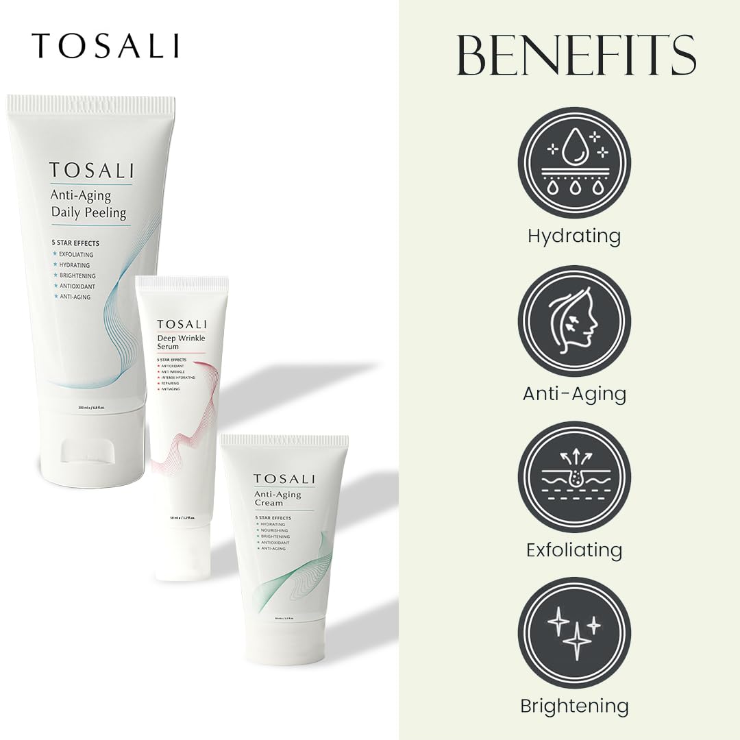 TOSALI Anti Aging Skincare Set – Daily Peeling Mask (6.8 oz), Deep Wrinkle Serum (1.7 fl oz) & Face Cream (1.7 oz) – Hydrating, Brightening, Wrinkle Reduction & Skin Firming for All Skin Types