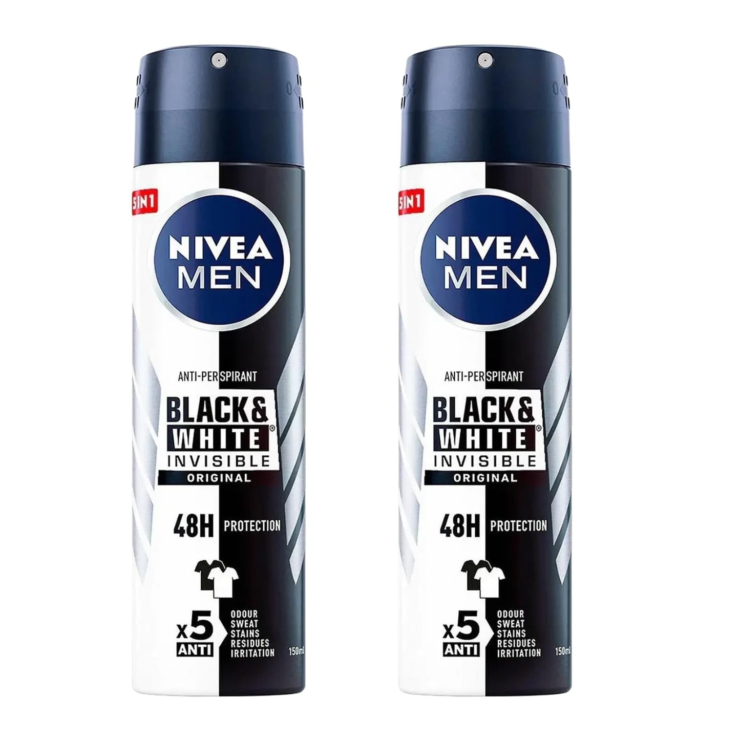 NIVEA Men Invisible for Black & White Original Anti-Perspirant Deodorant Spray 150ml | 48H Protection | No White Marks or Yellow Stains | No Ethyl Alcohol | Fresh Scent | Quick-Dry, 2 Packs