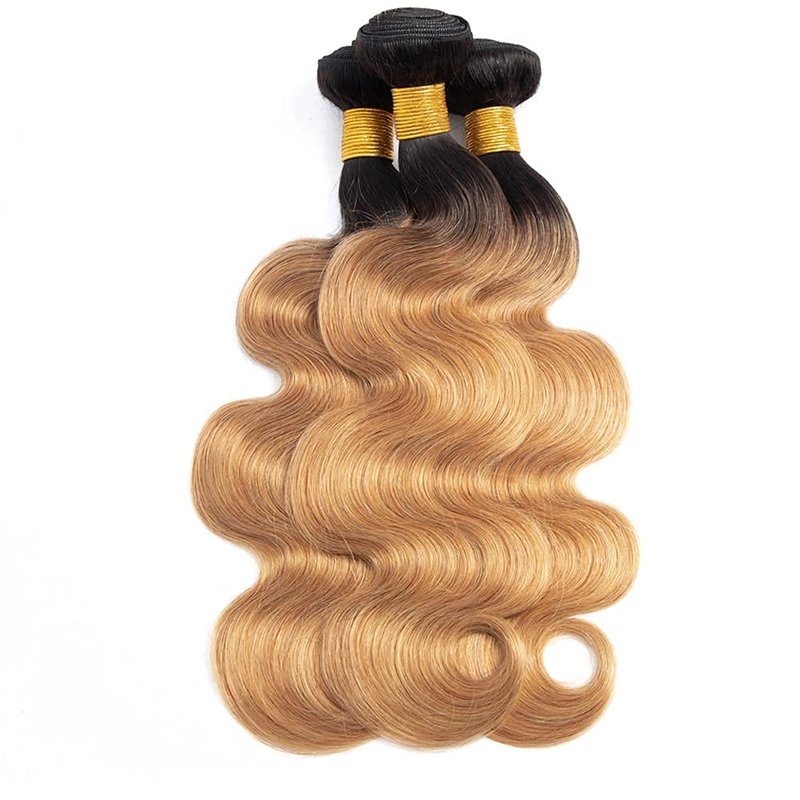 Biliisyff 1b27 Honey Blonde Ombre Body Wave Human Hair Bundles Two Tone Black and Honey Blonde Bundles Wet And Wavy Bundles 100g/Pcs 8A Grade Brazilian for Black Women 14 16 18 Inch