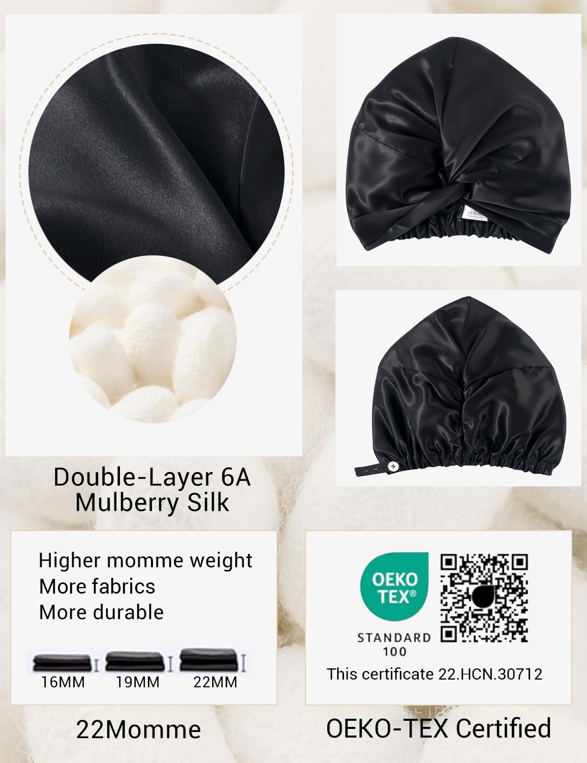 LaCourse Anti-Slip Adjustable Real 22 Momme 100% Mulberry Silk Bonnet with Scrunchie for Sleeping Women, Double-Layered Silk Hair Bonnet for Curly Hair, One Size (21-24 inch Head Size), Taupe