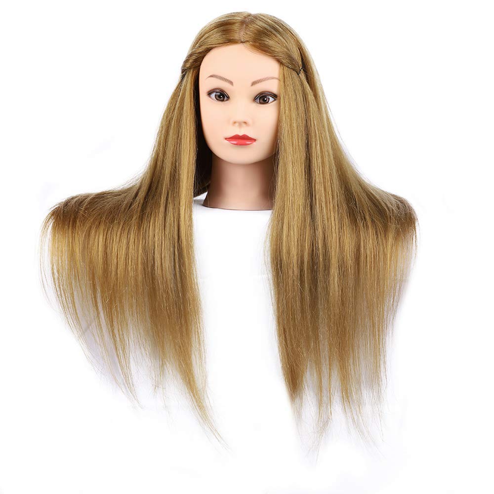 MEDO Mannequin Head 26 Inch With 50% Real Hair Brown Practice Training Head Synthetic Long Straight Hair Dresser Training Head Doll Cosmetology Manikin Head And Clamp Stand No Make Up(Makeup on, 27)