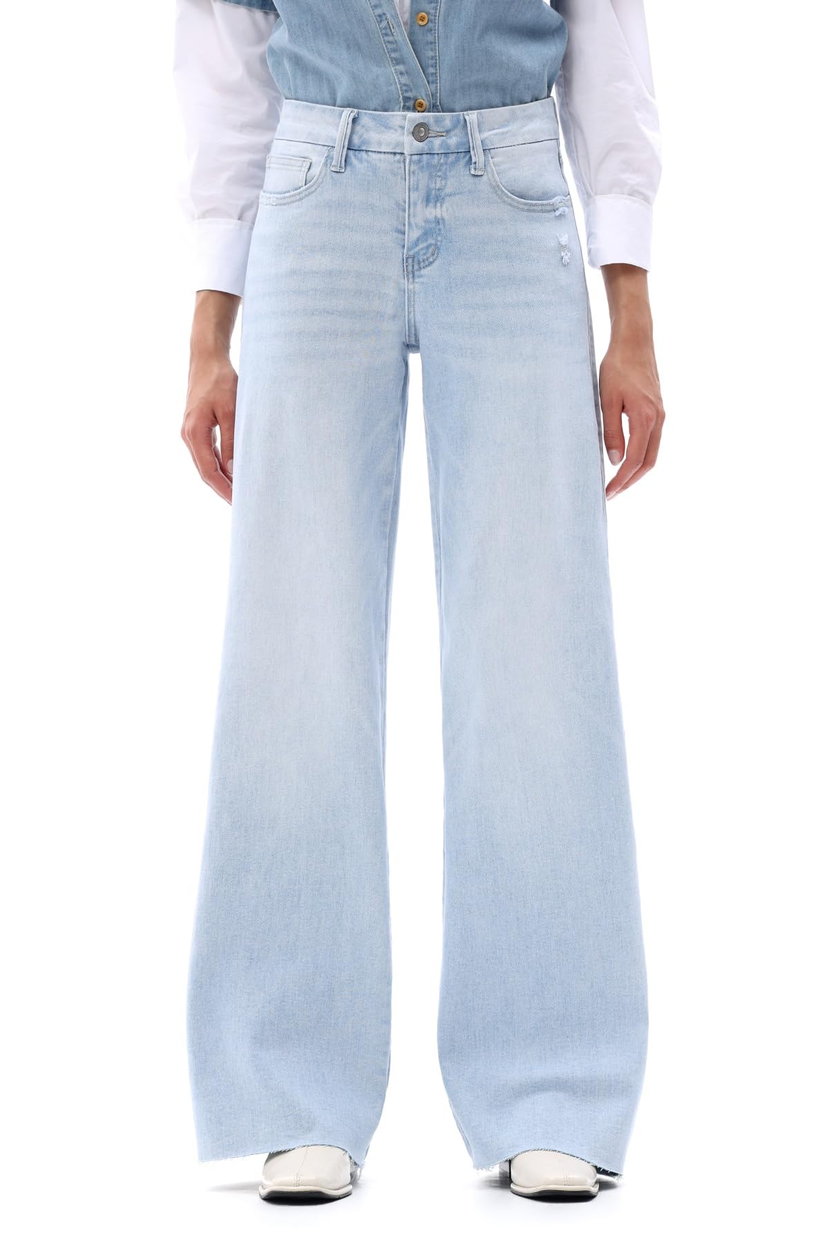 ONESO Mid Waisted High Stretchy BBL Wide Leg Baggy Jeans Tummy Control Holiday Party Distressed Denim Pants Light Blue