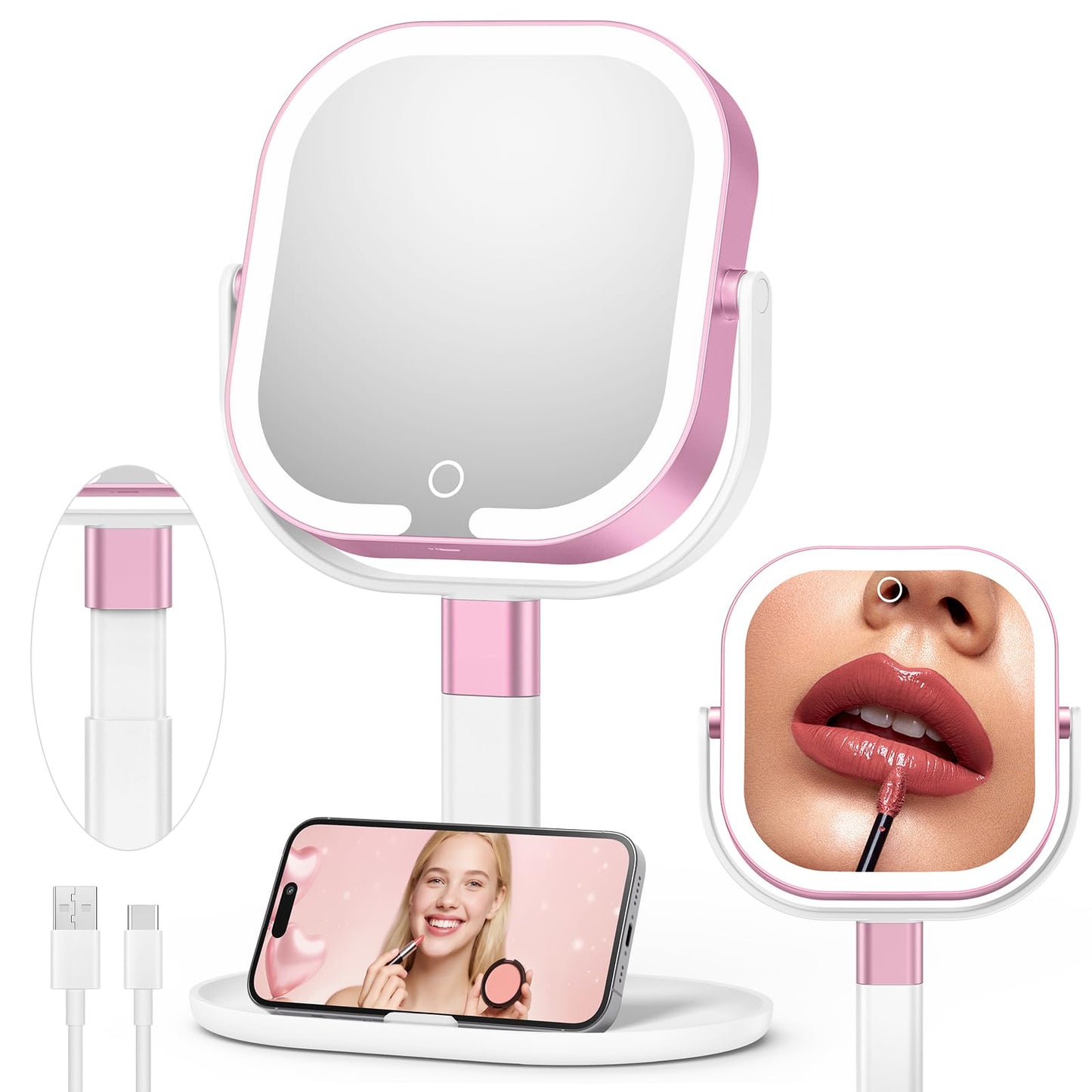 Rosivyphan Makeup Mirror with Lights, 1X/10X Magnifying Vanity Mirror with 3 Colors, 2000mAh Rechargeable Double Sided Magnifying Mirror, Height Brightness Adjustable, 360° Rotation Vanity
