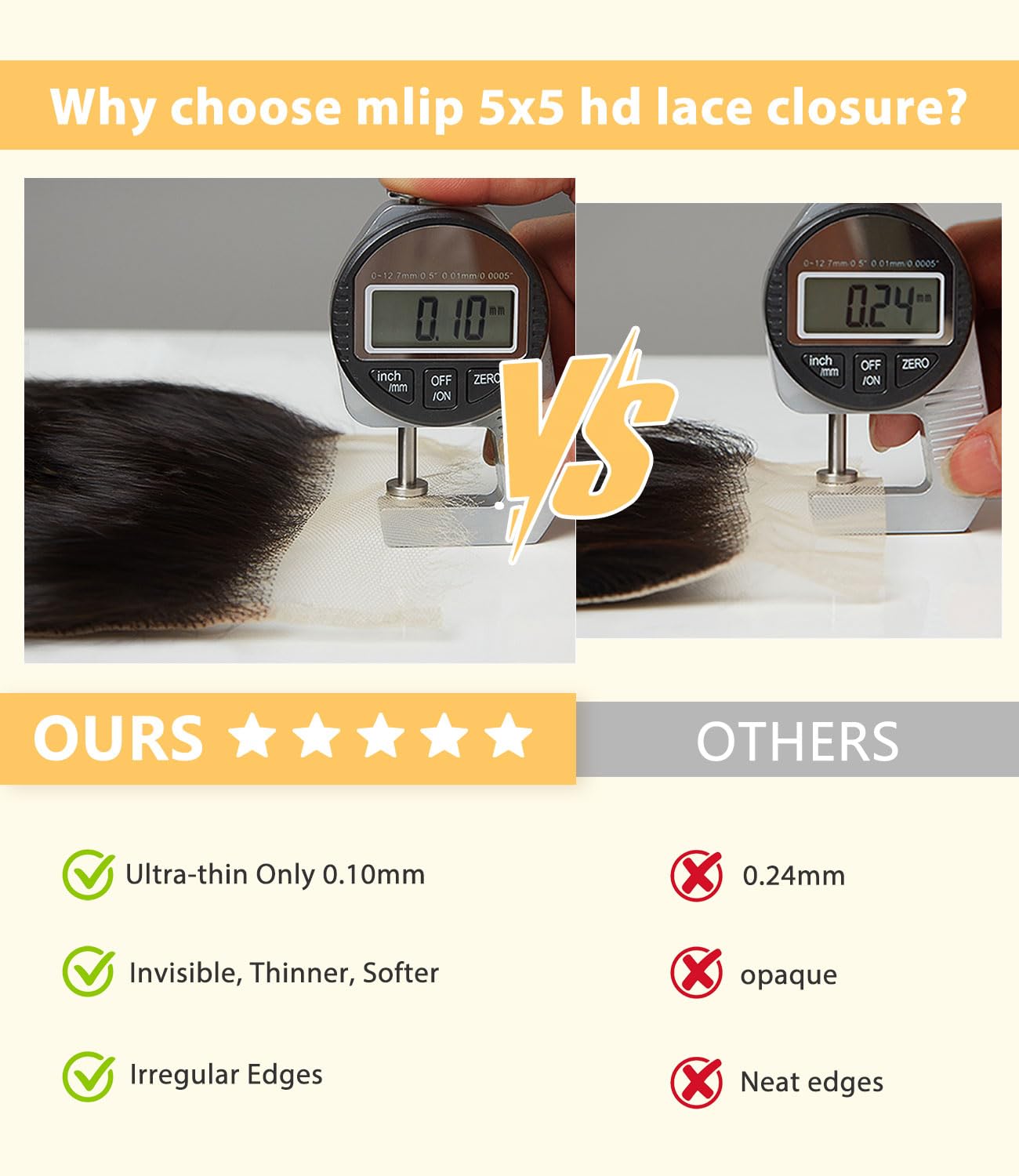 Mlip 2x6 HD Lace Closure Body Wave, 0.10mm Ultra Thin Invisible Swiss Lace, Skinlike Real HD Lace Melt into Skin Perfectly, Pre-plucked Natural Hairline, Raw Indian Human Hair 12 Inches Natural Color