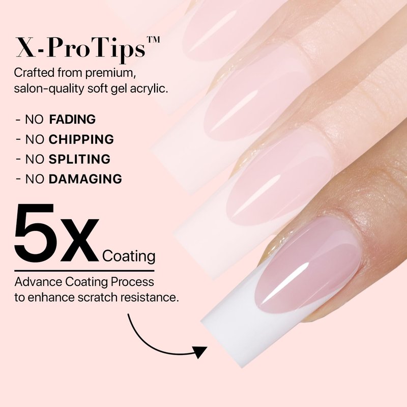French Tip Press On Nails - Pink Extra Short Square | 150 Pieces in 15 Sizes with Pre-Applied Primer and Base Coat