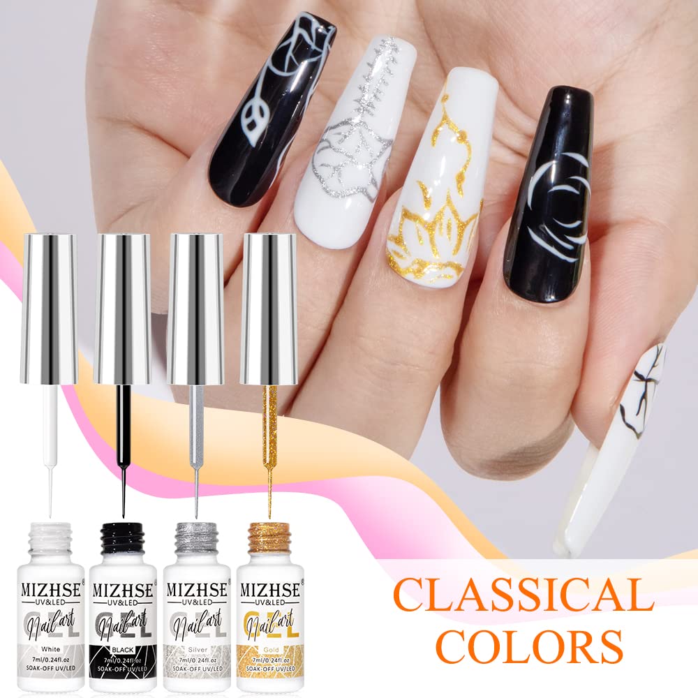 MIZHSE Gel Liner Nail Art Paint Set - 4 Pcs Glitter Silver & Gold for Stunning French Designs | Soak Off Manicure