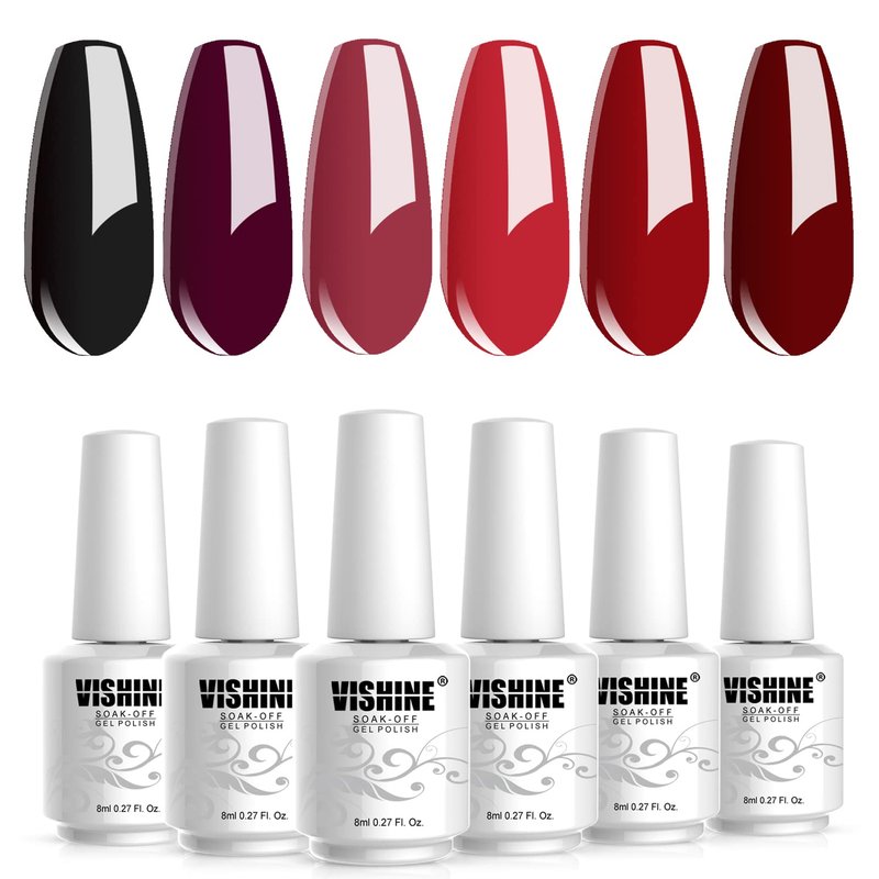 Vishine Classic Red Gel Nail Polish Set, Dark Red Burgundy Black Purple Gel Polish Kit Soak Off UV Nail Lamp LED Gel Nail Kits for Nail Art Design Home DIY Manicure Nail Salon Varnish 8ml