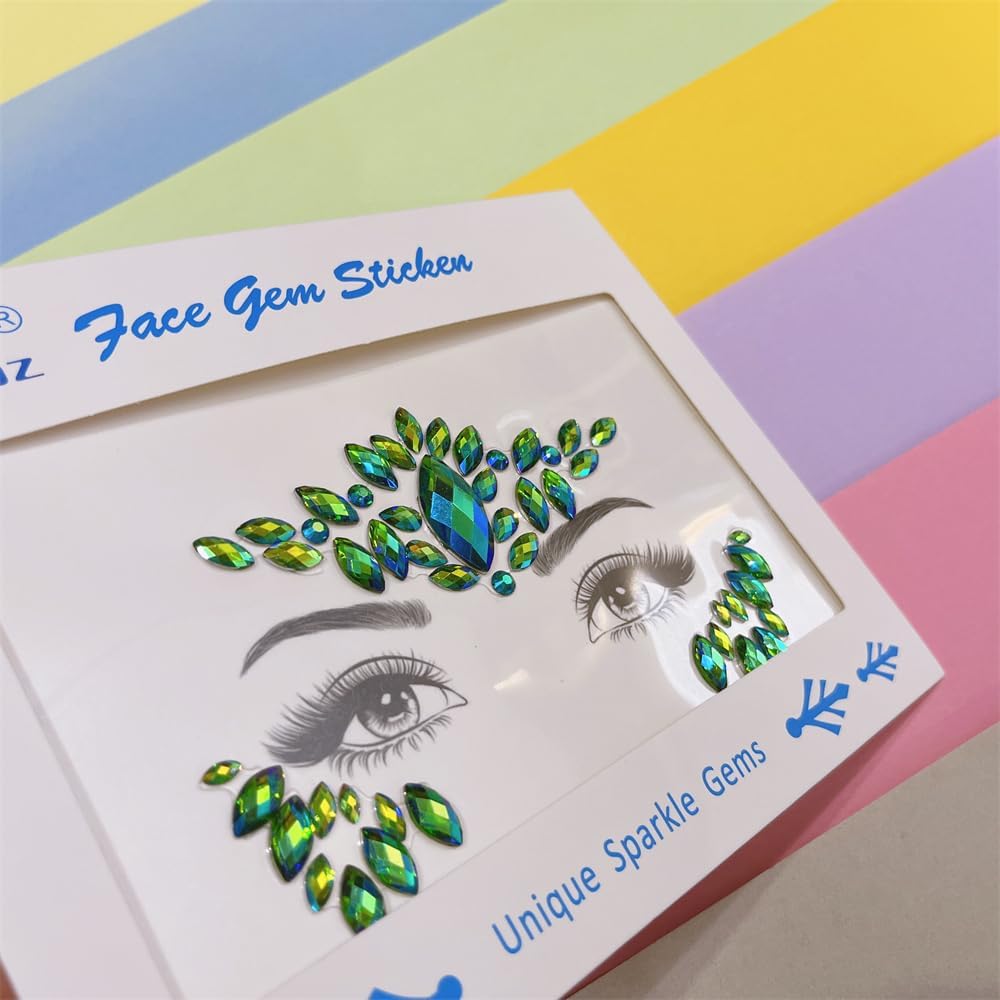 Face Jewels - Green Rhinestone Stickers for Halloween Makeup | Self-Adhesive Festival Glitter Gems