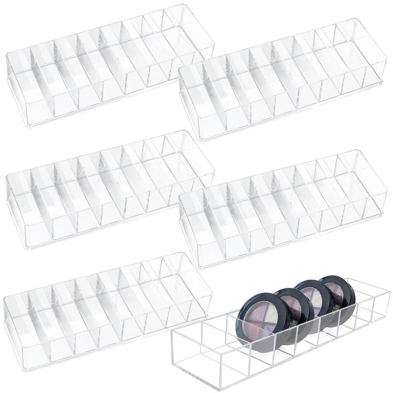 Nsmykhg Acrylic Makeup Organizer,6 Pack 8 Spaces Clear Vanity Drawer for Eyeshadow Palette, Lipstick & Highlighter Storage, Skincare Display, Bathroom Cosmetic Organize,10"x3.5"x1.8"