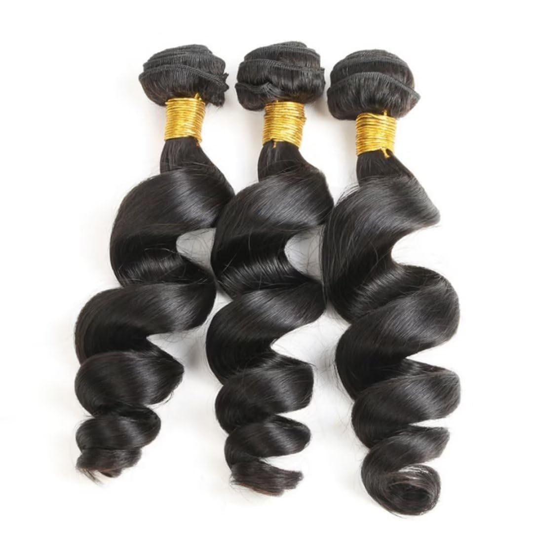 Loose Wave Bundles Human Hair 3Bundles Brazilain Virgin Loose Wave Human Hair Bundles Natural Black Color Can be Dyed (Natural Black, 10 10 10 Inch)