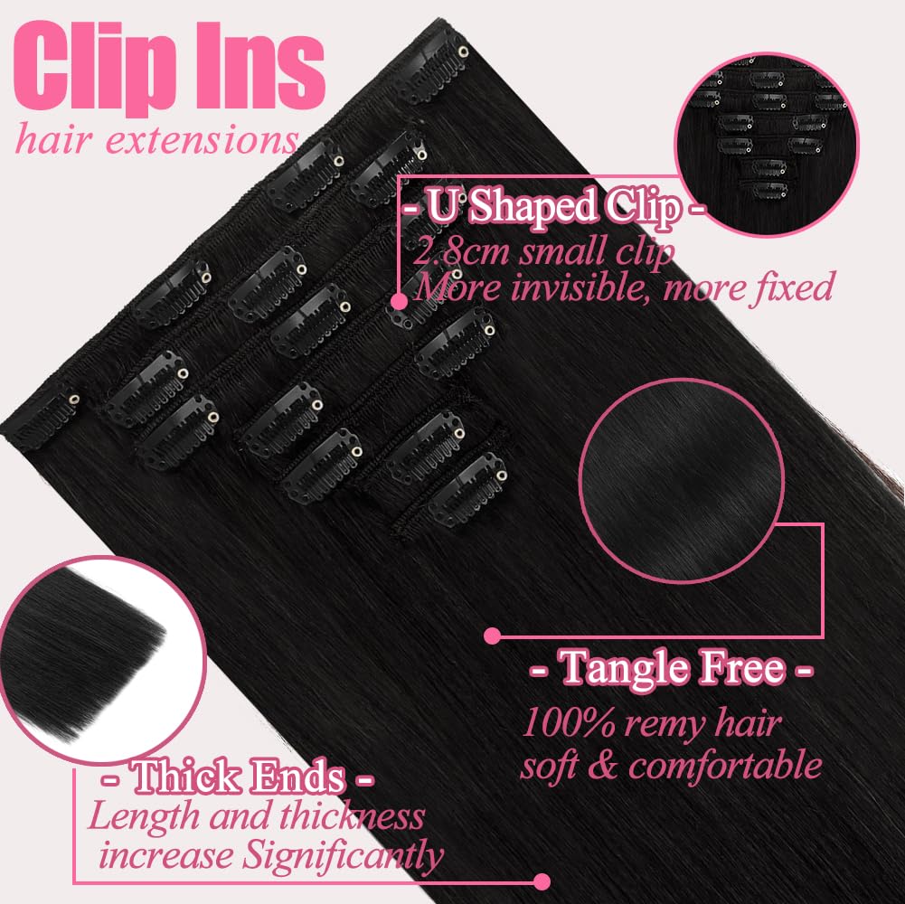 Clip In Hair Extensions - 18 Inch Invisible Seamless Real Human Hair | 1B Natural Black, 95g Double Weft