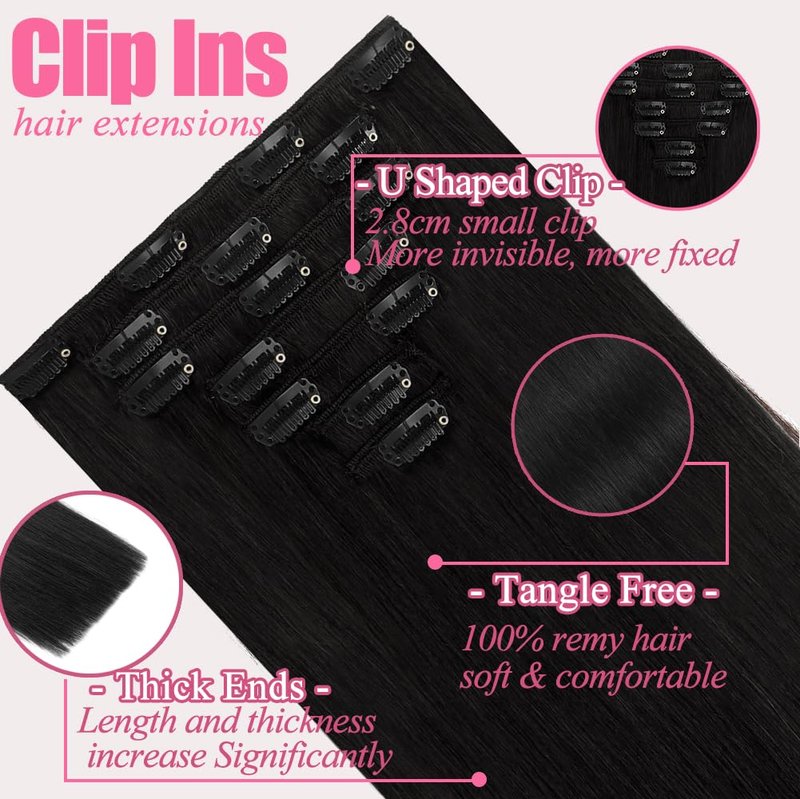 Clip in Hair Extensions Real Human Hair, 7Pcs 16 Inch Double Weft Seamless Invisible Human Hair Clip in Extensions, 85g Natural Black Straight Human Hair Extensions 100% Brazilian Remy Human Hair