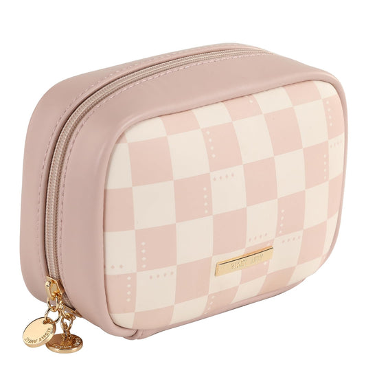 RIGHT AWAY Makeup Bag,Travel Cosmetic Bag Organizer with Zipper,Waterproof Toiletry Bags Makeup Pouch for Purse, Small Make Up Bag &Cases with Compartments for Women Girls（Pink Checkerboard）