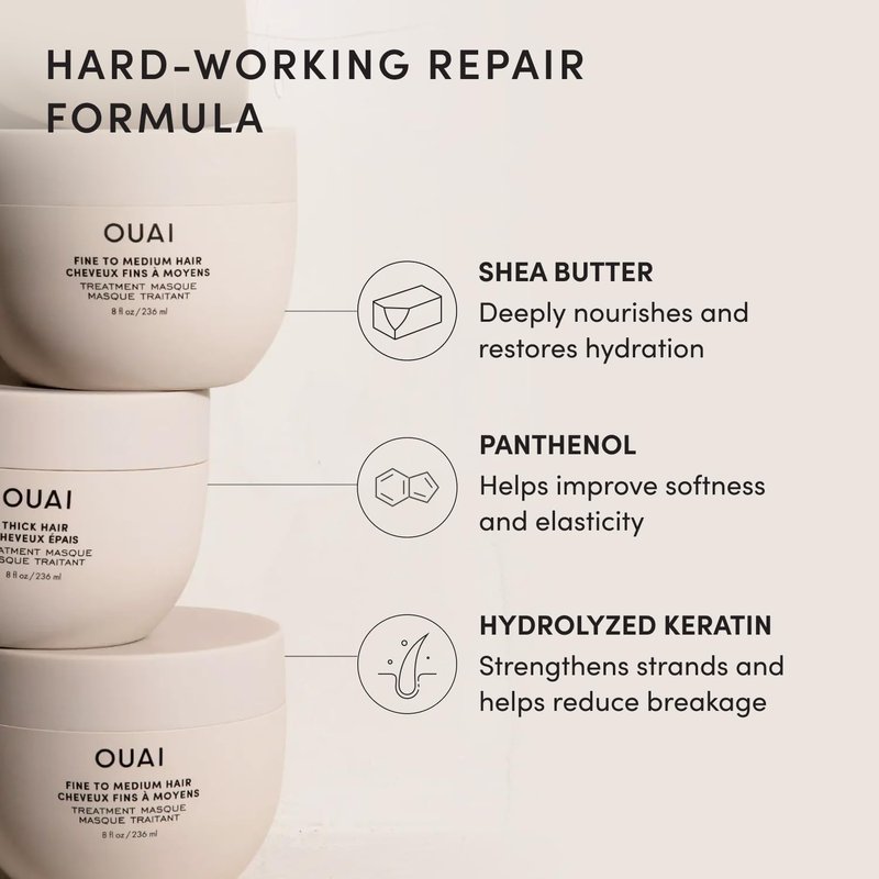 OUAI Fine to Medium Hair Treatment Mask - Lightweight Deep Conditioning Hair Mask with Shea Butter, Keratin & Panthenol - Helps Hydrate, Fight Frizz, Strengthen & Repair Damage (3.4 oz)