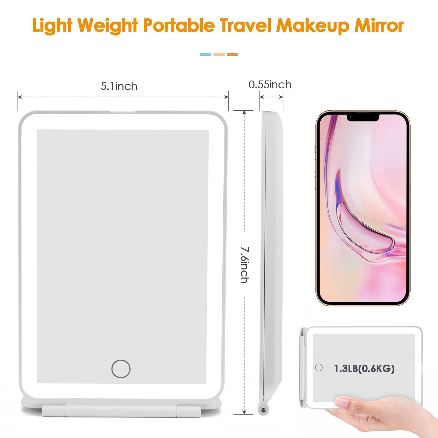 DenCert Rechargeable Travel Makeup Mirror 72 LED Lighted Compact Slim Vanity with Lights 3 Lighting Modes Dimmable Touch Screen (White),(DenCert)