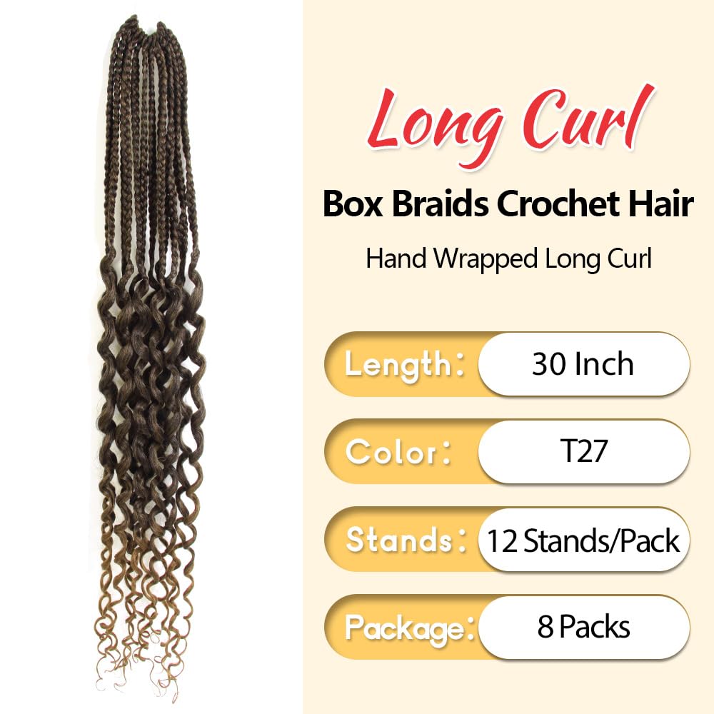 SECPOCPONY Long Boho Curl Box Braids Crochet Hair, 30 Inch, 8 Packs, T27