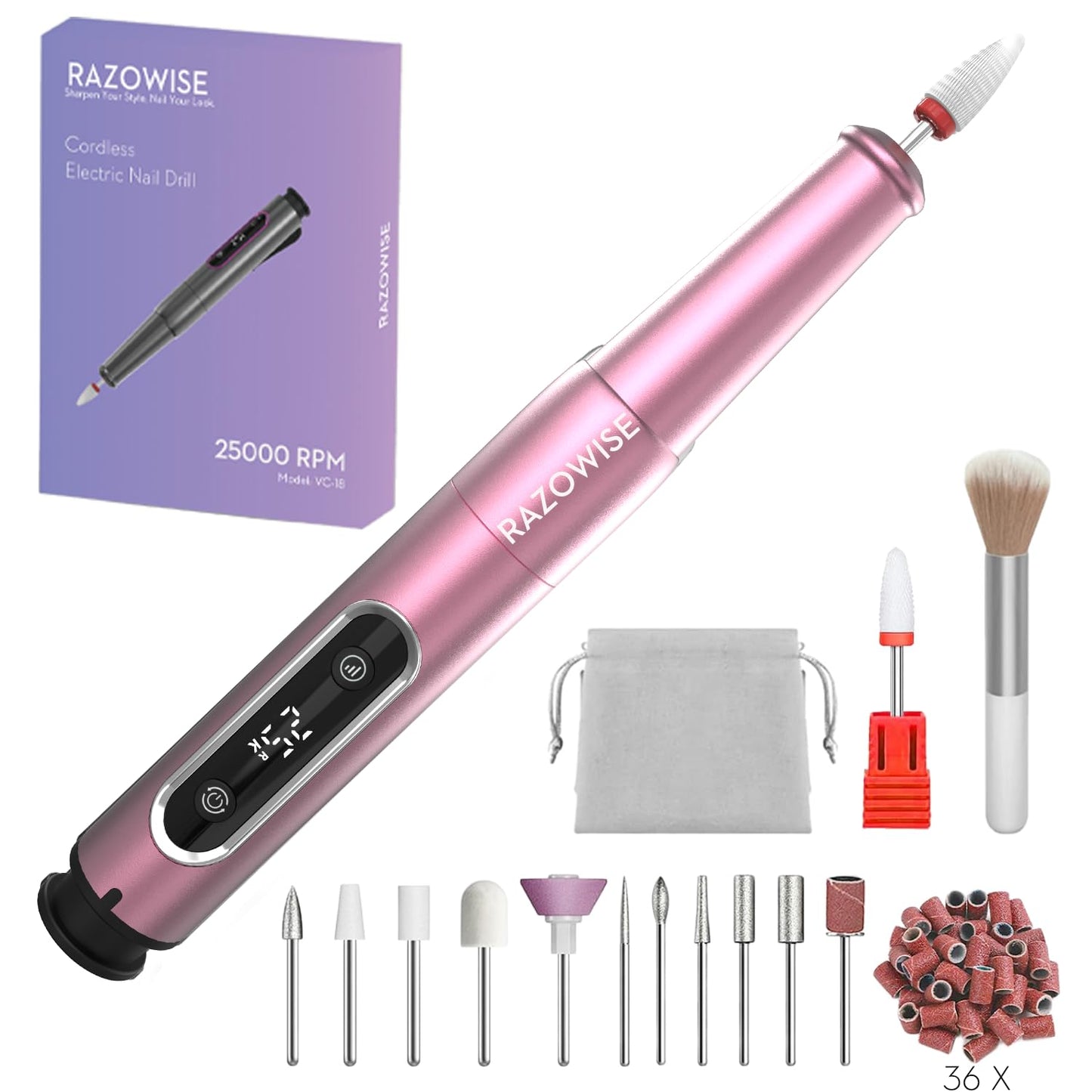 RAZOWISE Portable Electric Nail Drill File 5 Speeds 12 in 1 with LED Display Rechargeable Professional Efile for Natural Acrylic Gel Powder Manicure Pedicure Nails, Pink