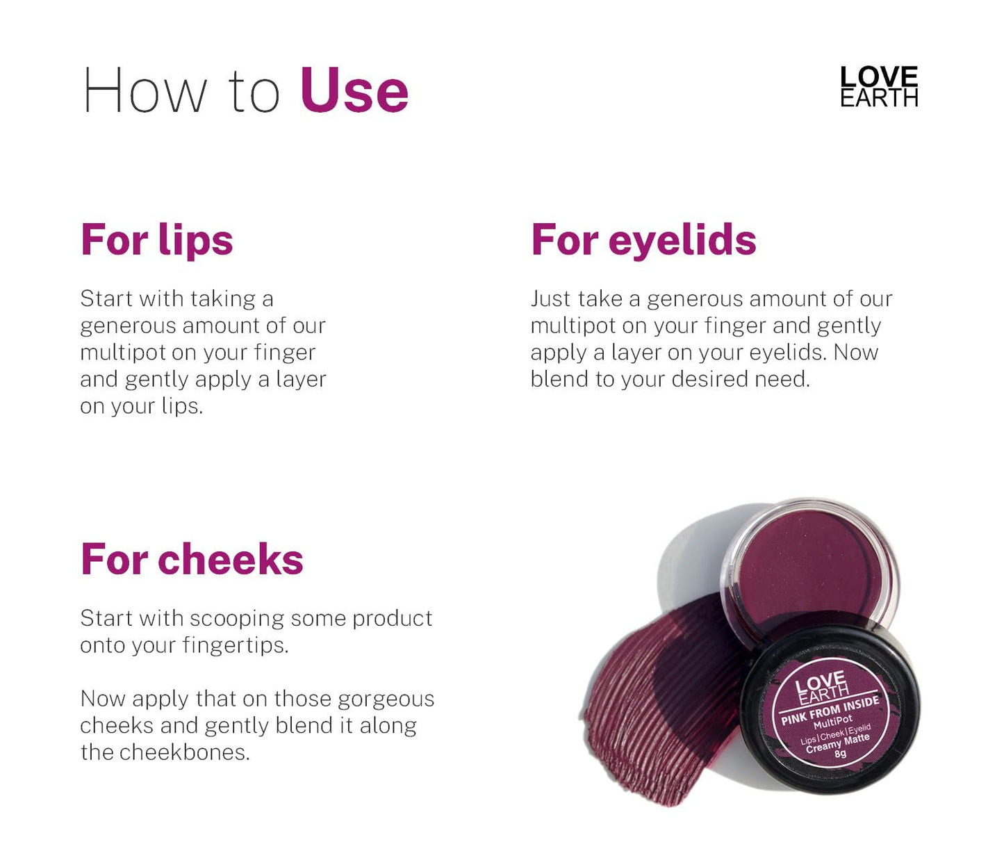 Love Earth Lip Tint & Cheek Tint Multipot - Pink From Inside With Richness Of Essential Oils & Vitamin E For Lips, Eyelids And Cheeks, Creamy Matte - Purple