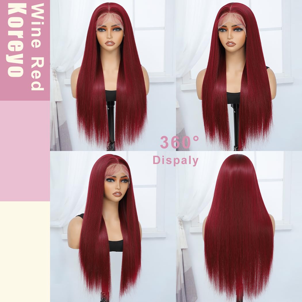 Koreyo 99j Burgundy Wig, Synthetic Lace Front Wig Pre-Plucked 13x4 HD Transparent 26 inch Long Straight Wine Red Lace Front Wig For Black Women Suitable For Everyday Wear