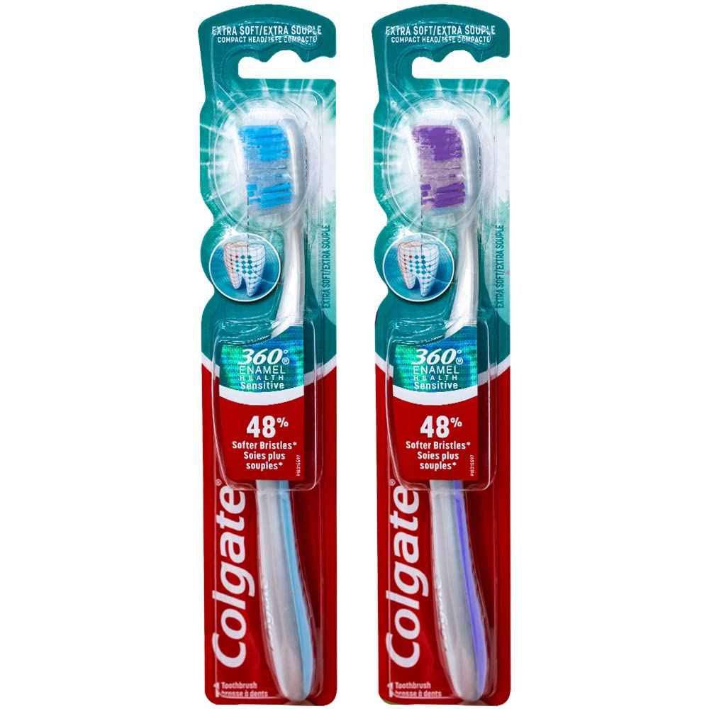 Colgate 360 Enamel Health Sensitive Toothbrush, Compact Head, Extra Soft (Colors Vary) - Pack of 2