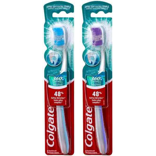 Colgate 360 Enamel Health Sensitive Toothbrush, Compact Head, Extra Soft (Colors Vary) - Pack of 2