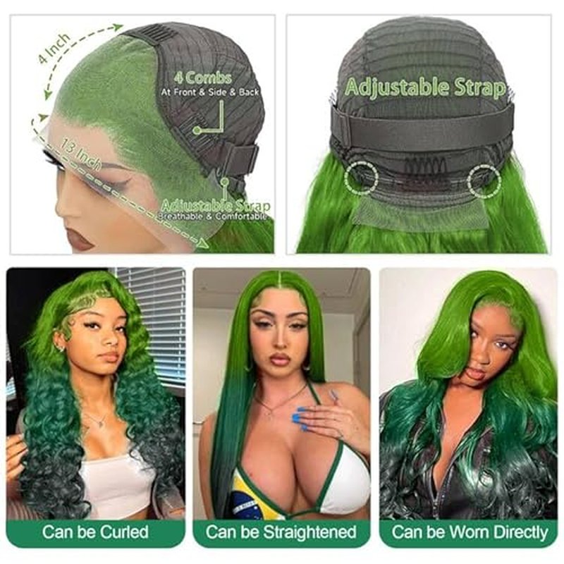 Ombre Green Lace Front Wigs Human Hair Body Wave 13x4 HD Glueless Lace Front Wig 3 Tone Light to Dark Green Colored for Fashion Women 180% Density 20 Inch