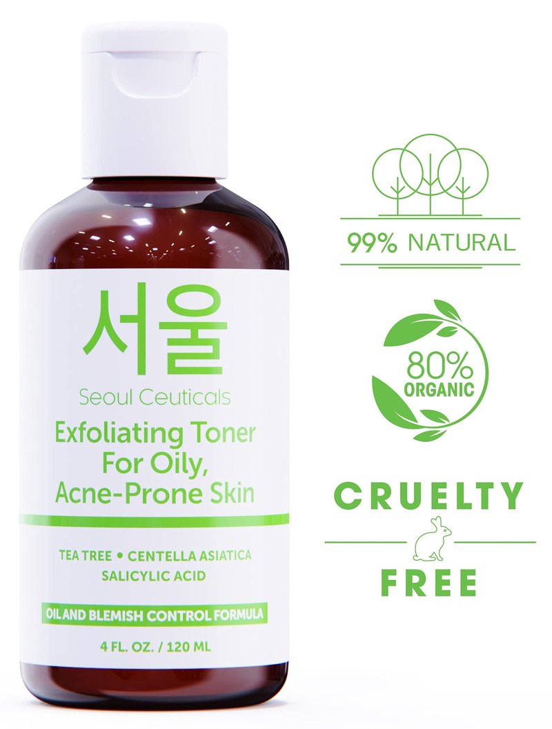 SeoulCeuticals Korean Toner for Oily Acne Prone Skin – Korean Skin Care Tea Tree Toner for Face – Facial Toner Centella Asiatica, Salicylic Acid. 4 FL OZ